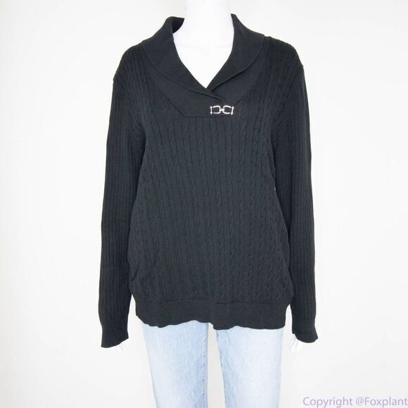 Karen Scott shawl collar black cotton sweater with metal button, women's‎ XL - Picture 2 of 13